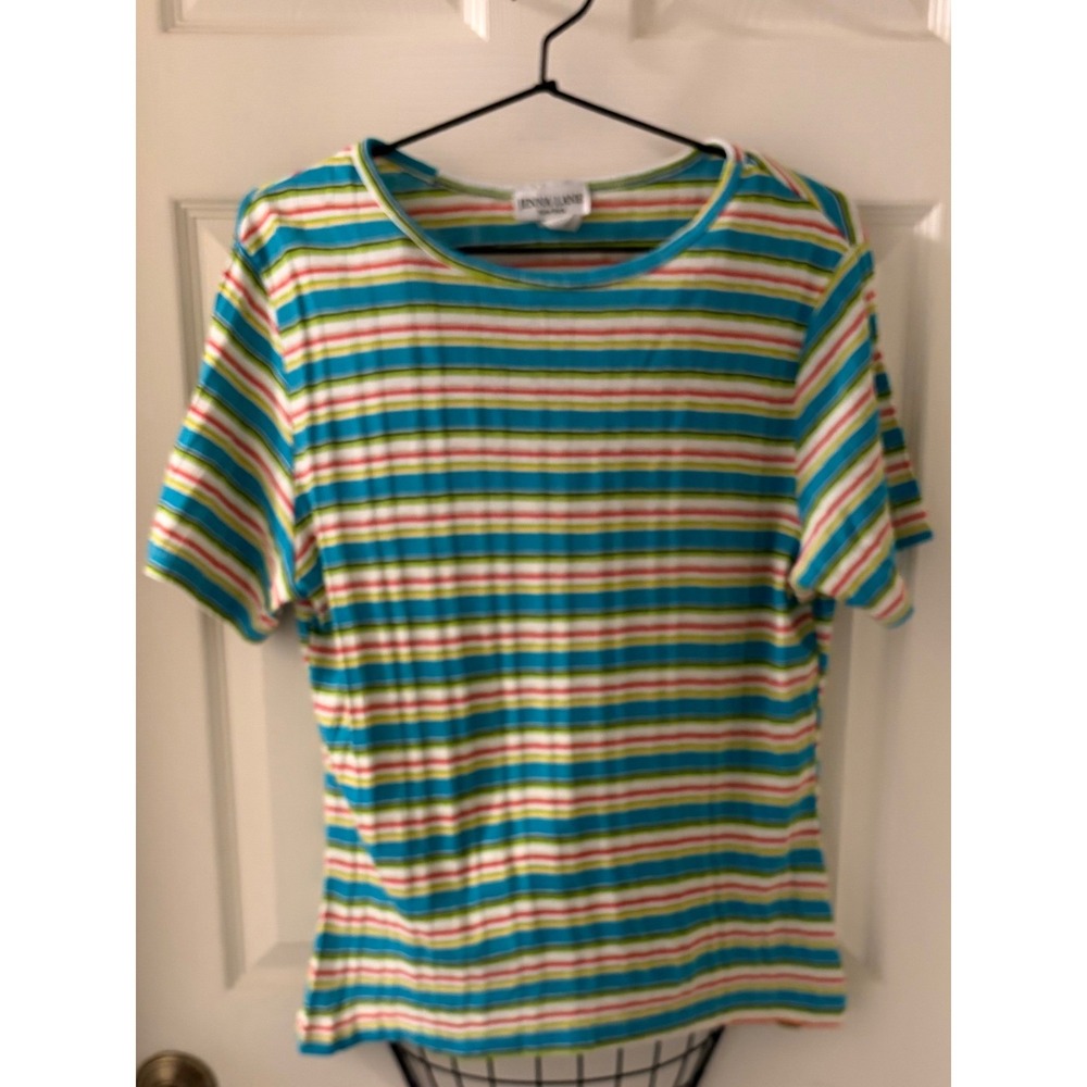 Jenna Lane New York Multicolor Striped Short Sleeve Knit Top Retro Sz L